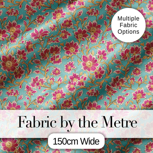Vintage Floral Vine Pattern with Pink Blossoms on Blue Seamless Pattern Digital Print Fabric by the Metre UK Sewing Quilting Textile