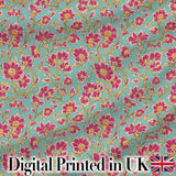 Vintage Floral Vine Pattern with Pink Blossoms on Blue Seamless Pattern Digital Print Fabric by the Metre UK Sewing Quilting Textile