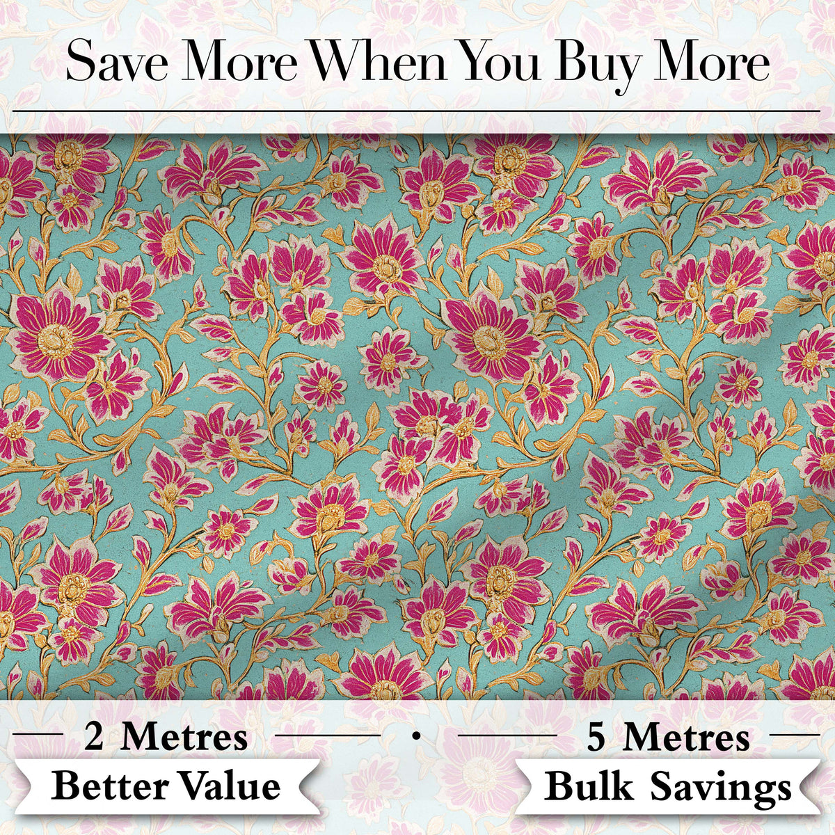 Vintage Floral Vine Pattern with Pink Blossoms on Blue Seamless Pattern Digital Print Fabric by the Metre UK Sewing Quilting Textile