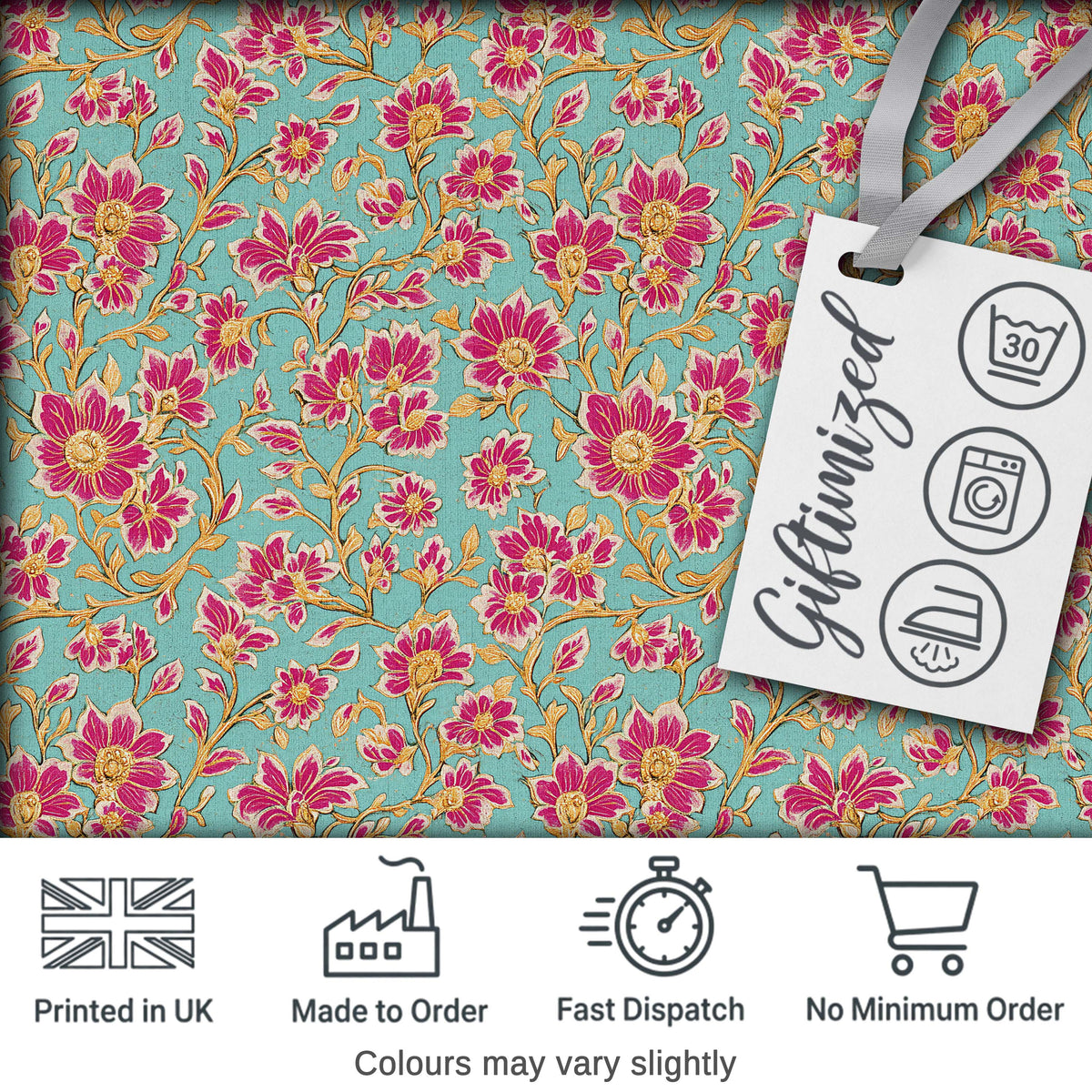 Vintage Floral Vine Pattern with Pink Blossoms on Blue Seamless Pattern Digital Print Fabric by the Metre UK Sewing Quilting Textile