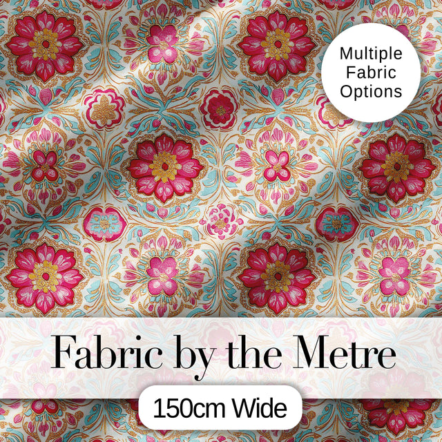 Vintage Floral Medallion Pattern with Pink Blooms and Teal Leaves Seamless Digital Print Fabric by the Metre UK Sewing Quilting Textile