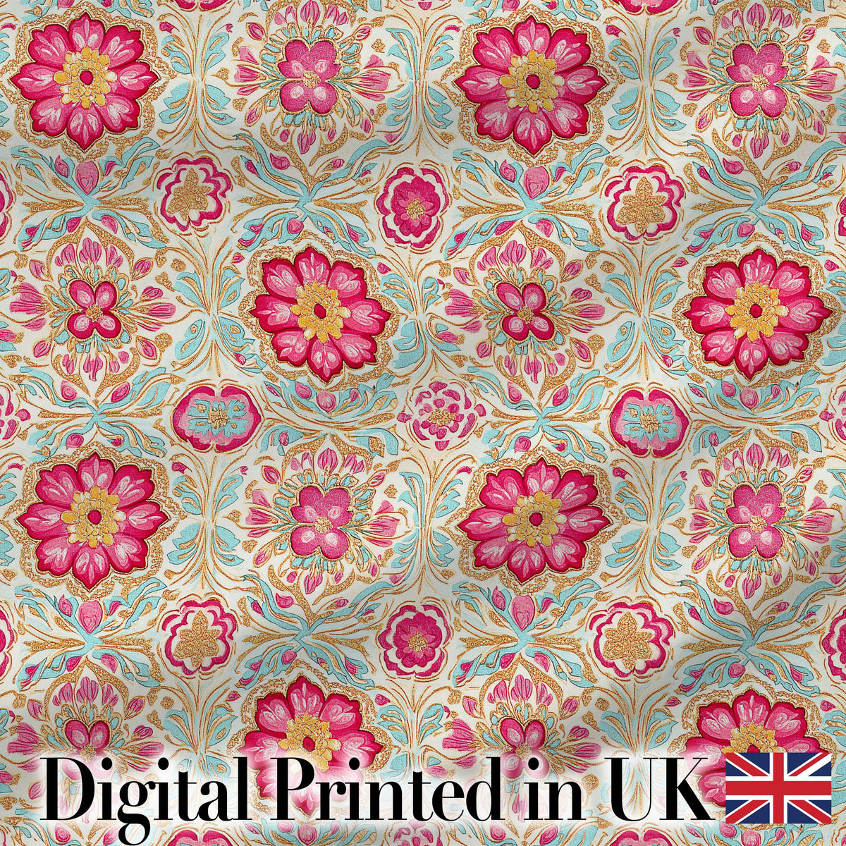 Vintage Floral Medallion Pattern with Pink Blooms and Teal Leaves Seamless Digital Print Fabric by the Metre UK Sewing Quilting Textile