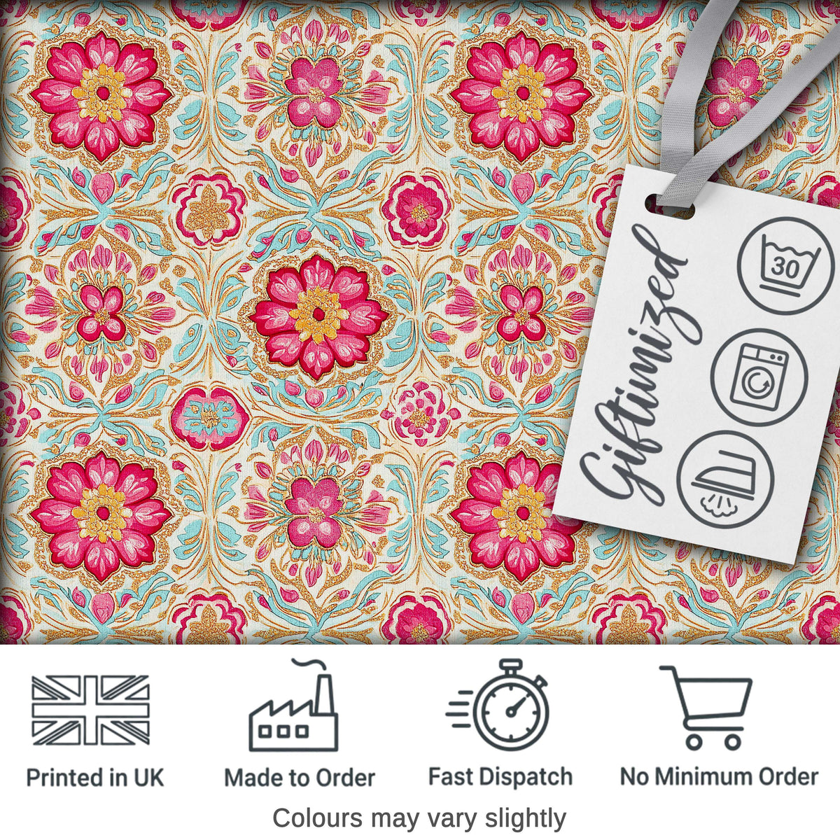 Vintage Floral Medallion Pattern with Pink Blooms and Teal Leaves Seamless Digital Print Fabric by the Metre UK Sewing Quilting Textile