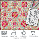 Vintage Floral Medallion Pattern with Pink Blooms and Teal Leaves Seamless Digital Print Fabric by the Metre UK Sewing Quilting Textile