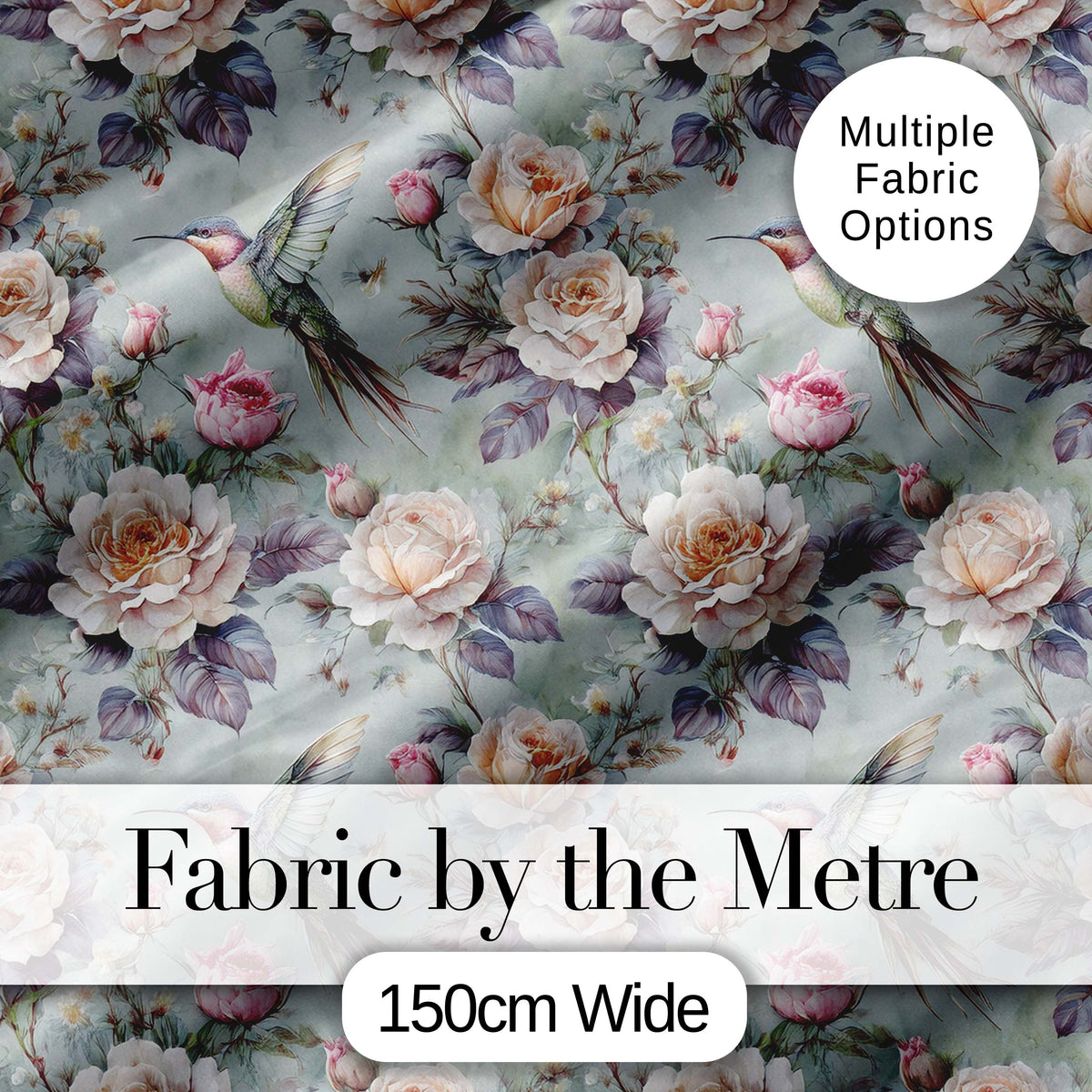 Elegant Hummingbird with Roses Soft Pastel Floral Seamless Pattern Digital Print Fabric by the Metre UK Sewing Quilting Textile
