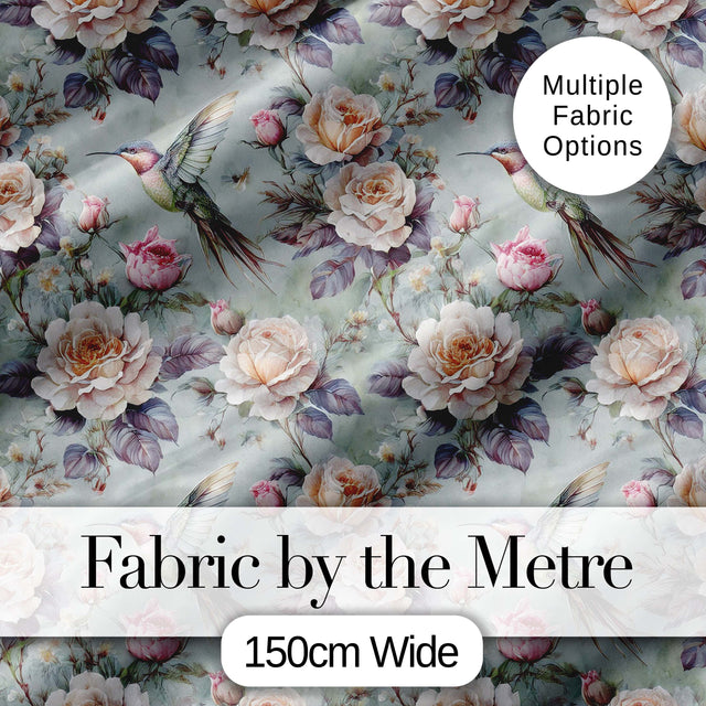 Elegant Hummingbird with Roses Soft Pastel Floral Seamless Pattern Digital Print Fabric by the Metre UK Sewing Quilting Textile