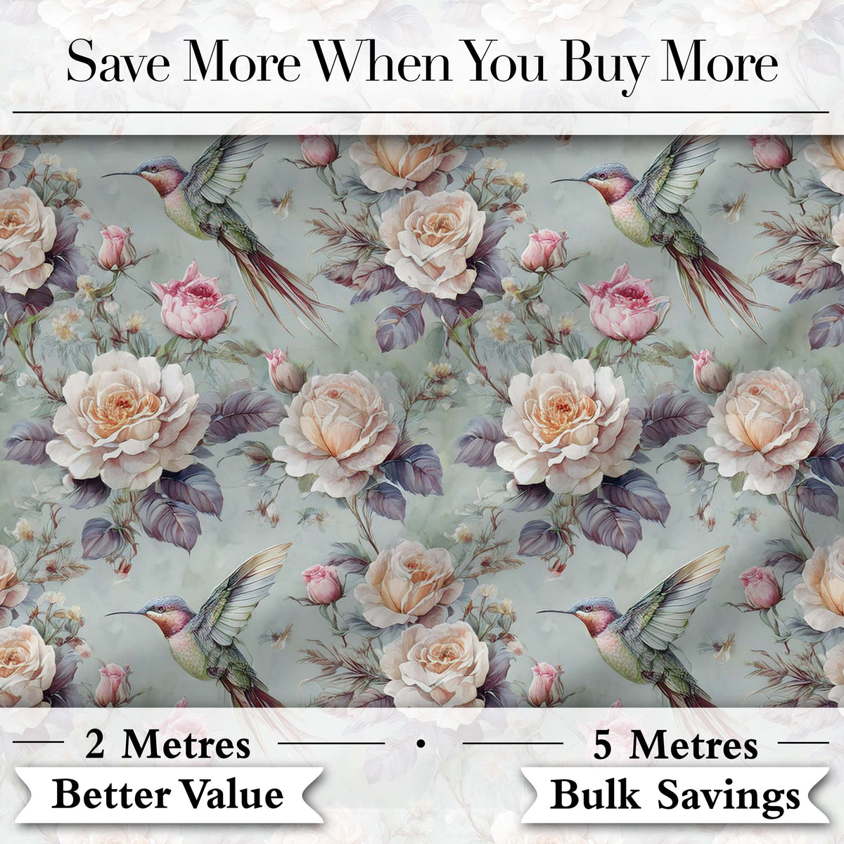 Elegant Hummingbird with Roses Soft Pastel Floral Seamless Pattern Digital Print Fabric by the Metre UK Sewing Quilting Textile