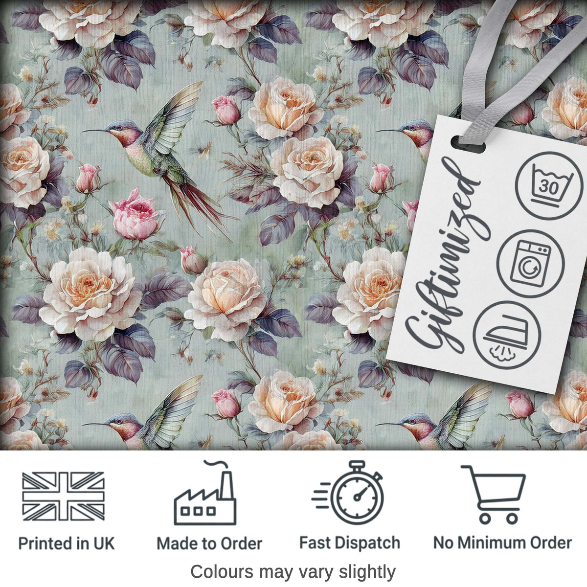 Elegant Hummingbird with Roses Soft Pastel Floral Seamless Pattern Digital Print Fabric by the Metre UK Sewing Quilting Textile