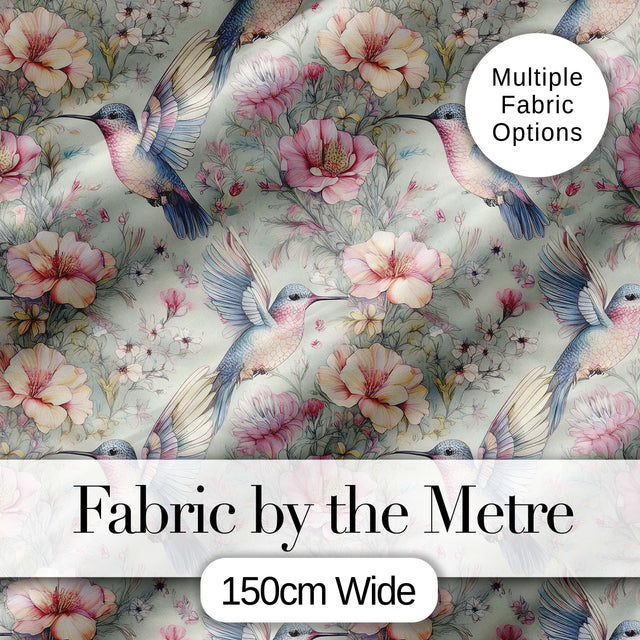 Delicate Hummingbird and Blossoms Pastel Garden Seamless Pattern Digital Print Fabric by the Metre UK Sewing Quilting Textile