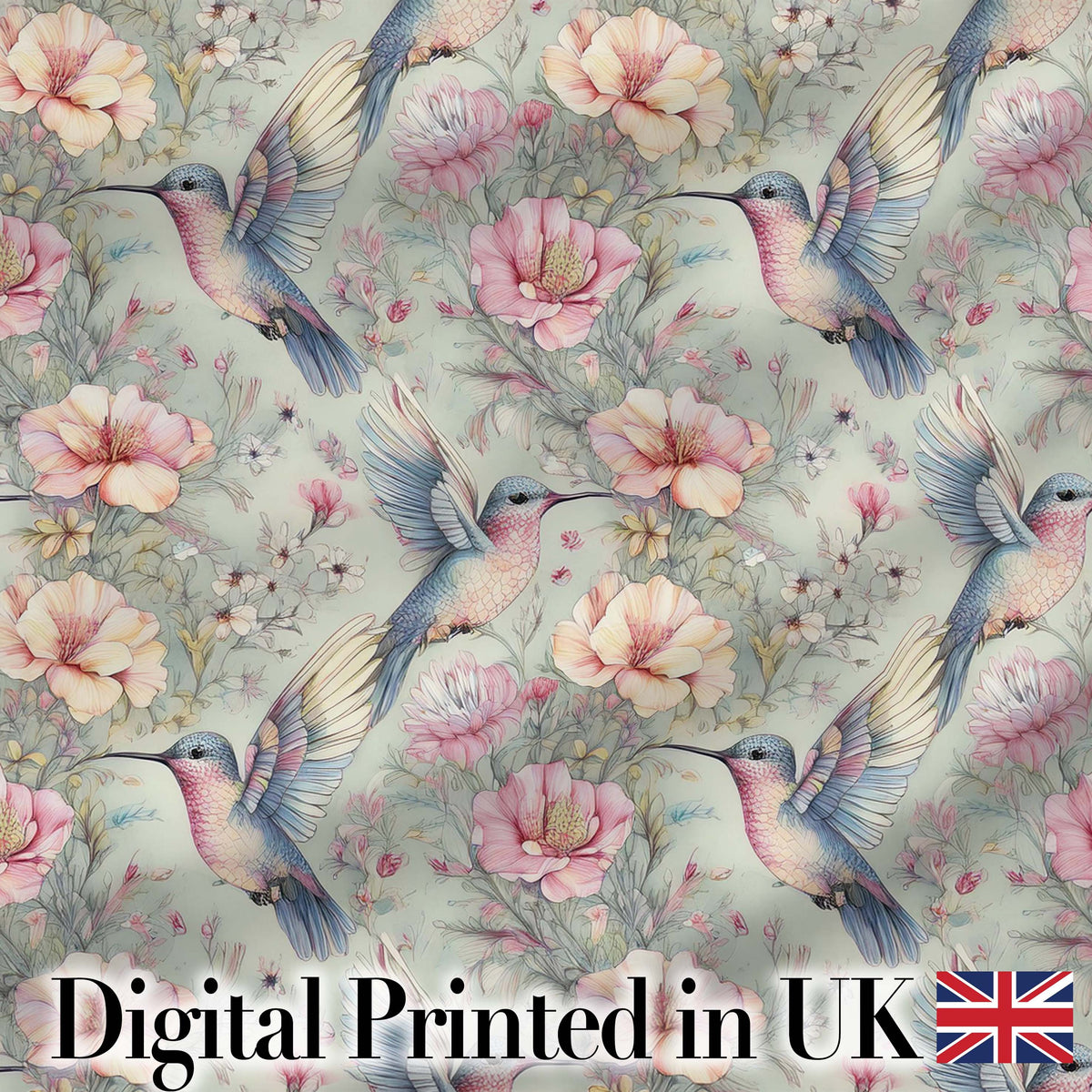 Delicate Hummingbird and Blossoms Pastel Garden Seamless Pattern Digital Print Fabric by the Metre UK Sewing Quilting Textile