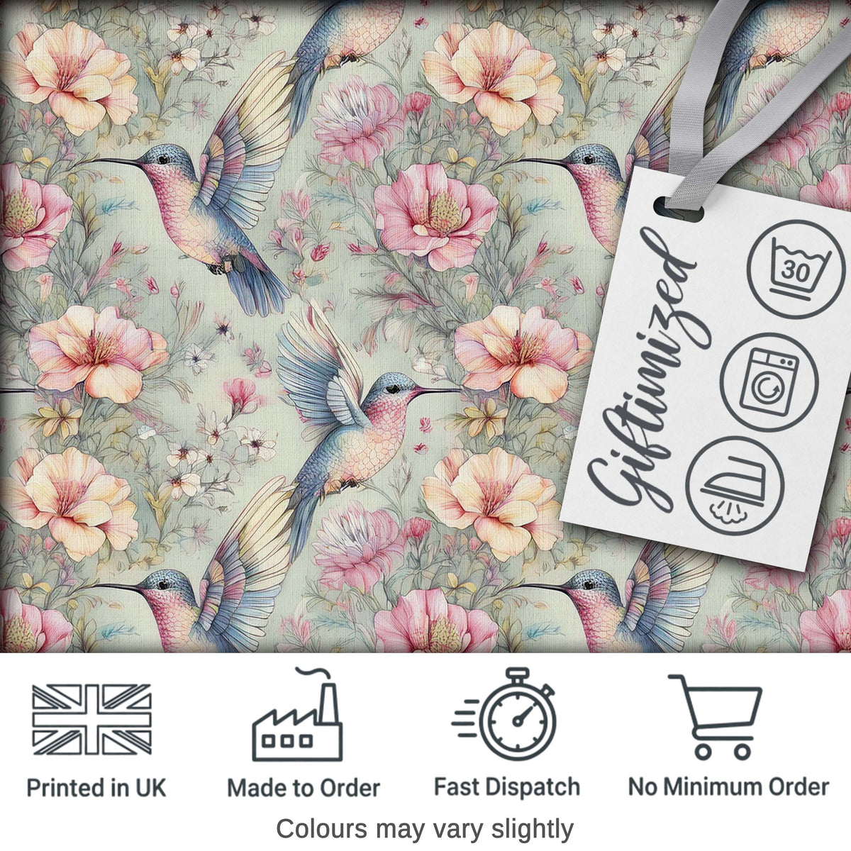 Delicate Hummingbird and Blossoms Pastel Garden Seamless Pattern Digital Print Fabric by the Metre UK Sewing Quilting Textile