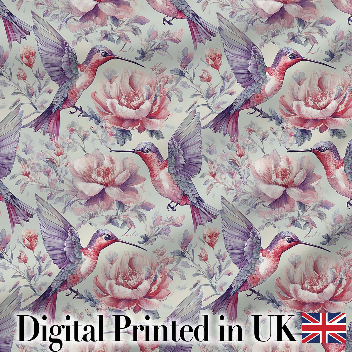 Vintage Style Hummingbird and Floral Garden Seamless Pattern Digital Print Fabric by the Metre UK Sewing Quilting Textile
