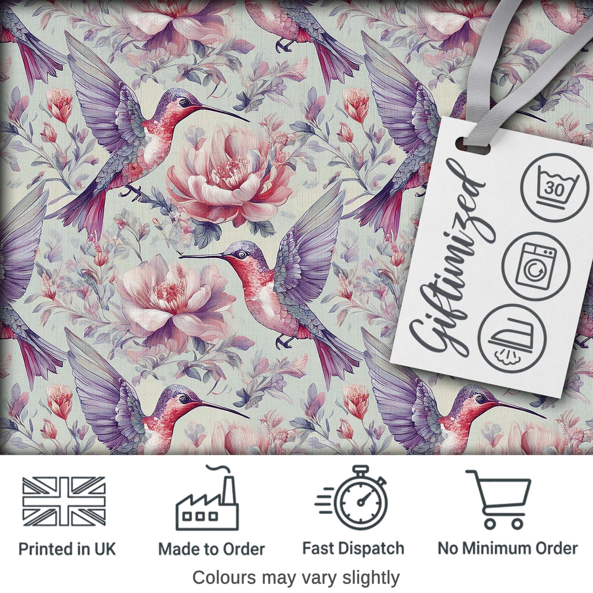 Vintage Style Hummingbird and Floral Garden Seamless Pattern Digital Print Fabric by the Metre UK Sewing Quilting Textile