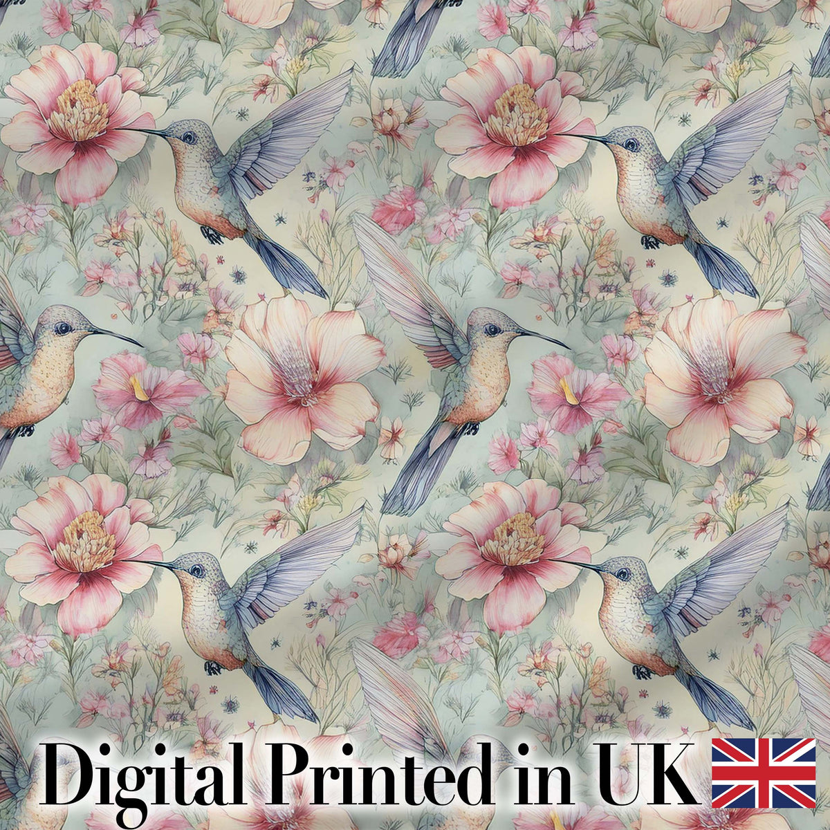 Pastel Hummingbird and Blossom Garden Seamless Pattern Digital Print Fabric by the Metre UK Sewing Quilting Textile