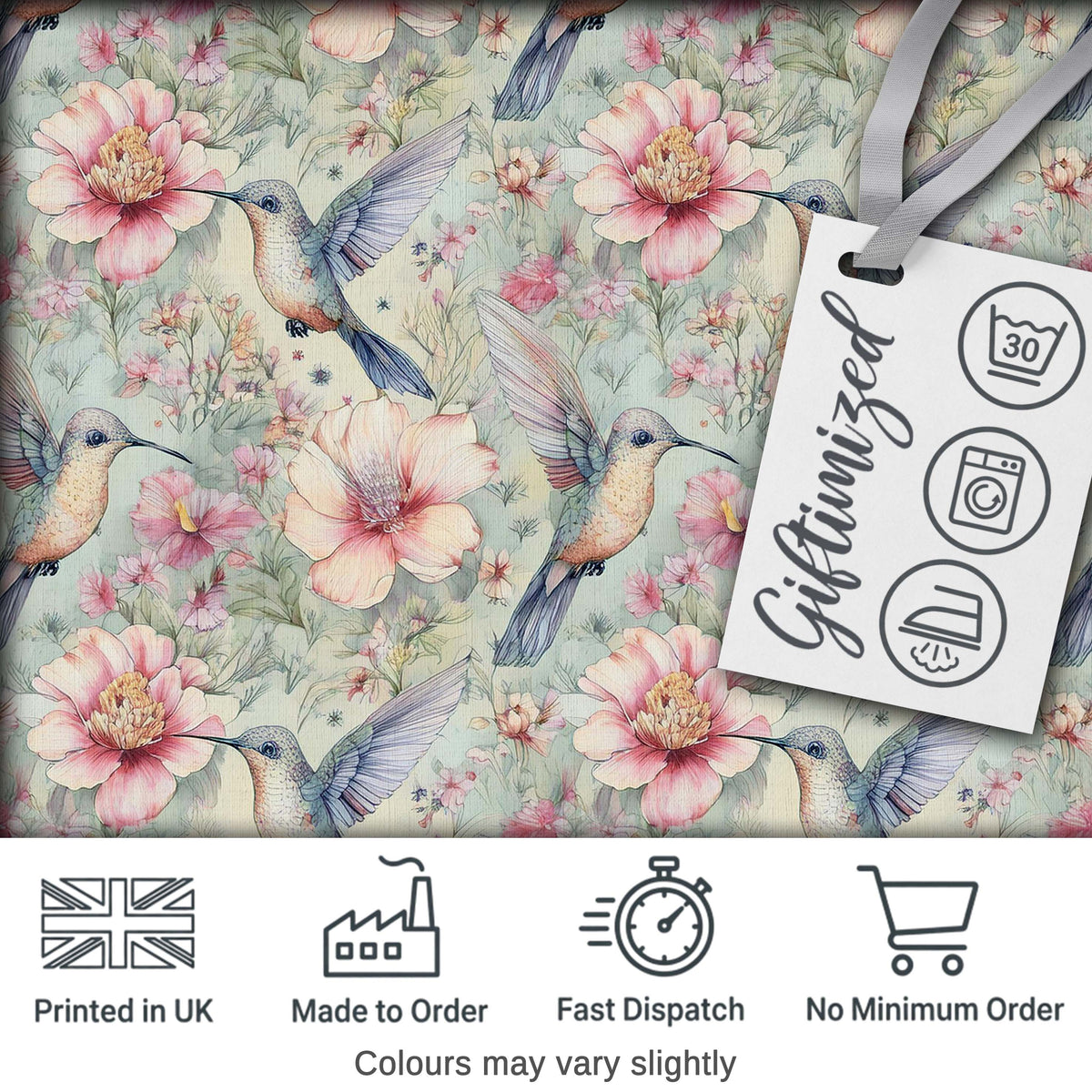 Pastel Hummingbird and Blossom Garden Seamless Pattern Digital Print Fabric by the Metre UK Sewing Quilting Textile