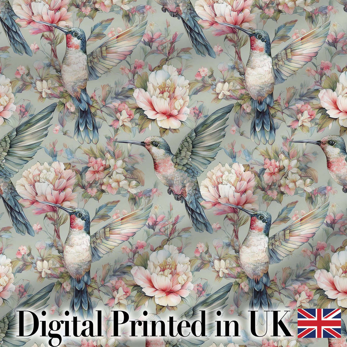 Vintage Hummingbird with Soft Floral Garden Seamless Pattern Digital Print Fabric by the Metre UK Sewing Quilting Textile