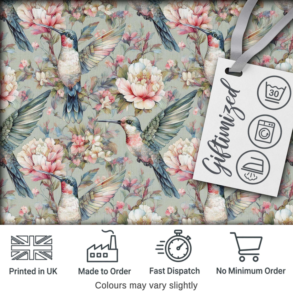 Vintage Hummingbird with Soft Floral Garden Seamless Pattern Digital Print Fabric by the Metre UK Sewing Quilting Textile