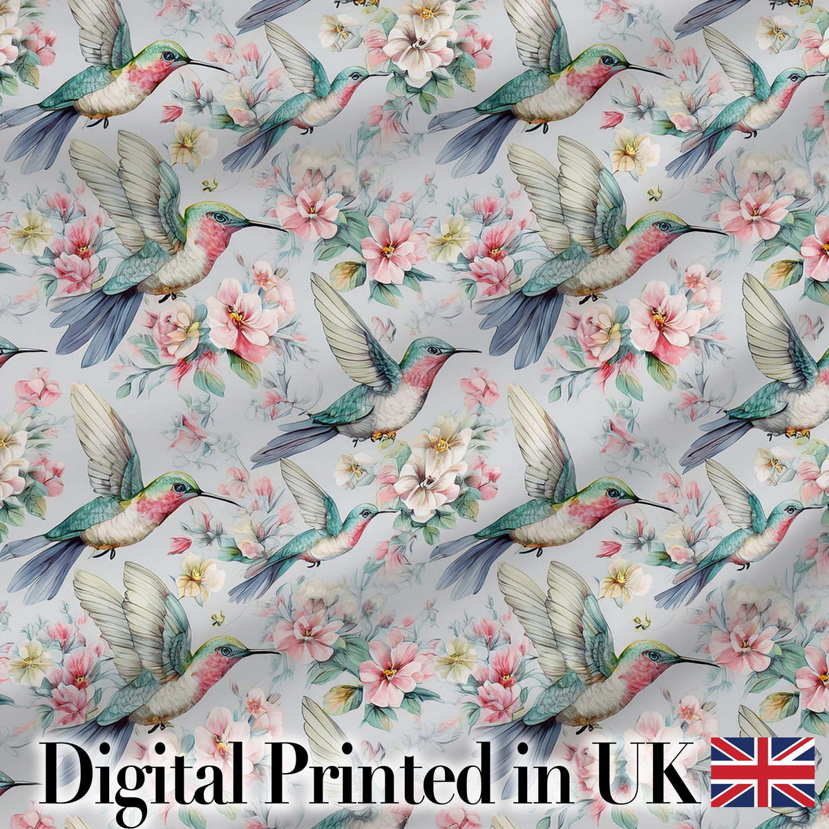 Soft Hummingbird with Blossom Floral Garden Seamless Pattern Digital Print Fabric by the Metre UK Sewing Quilting Textile