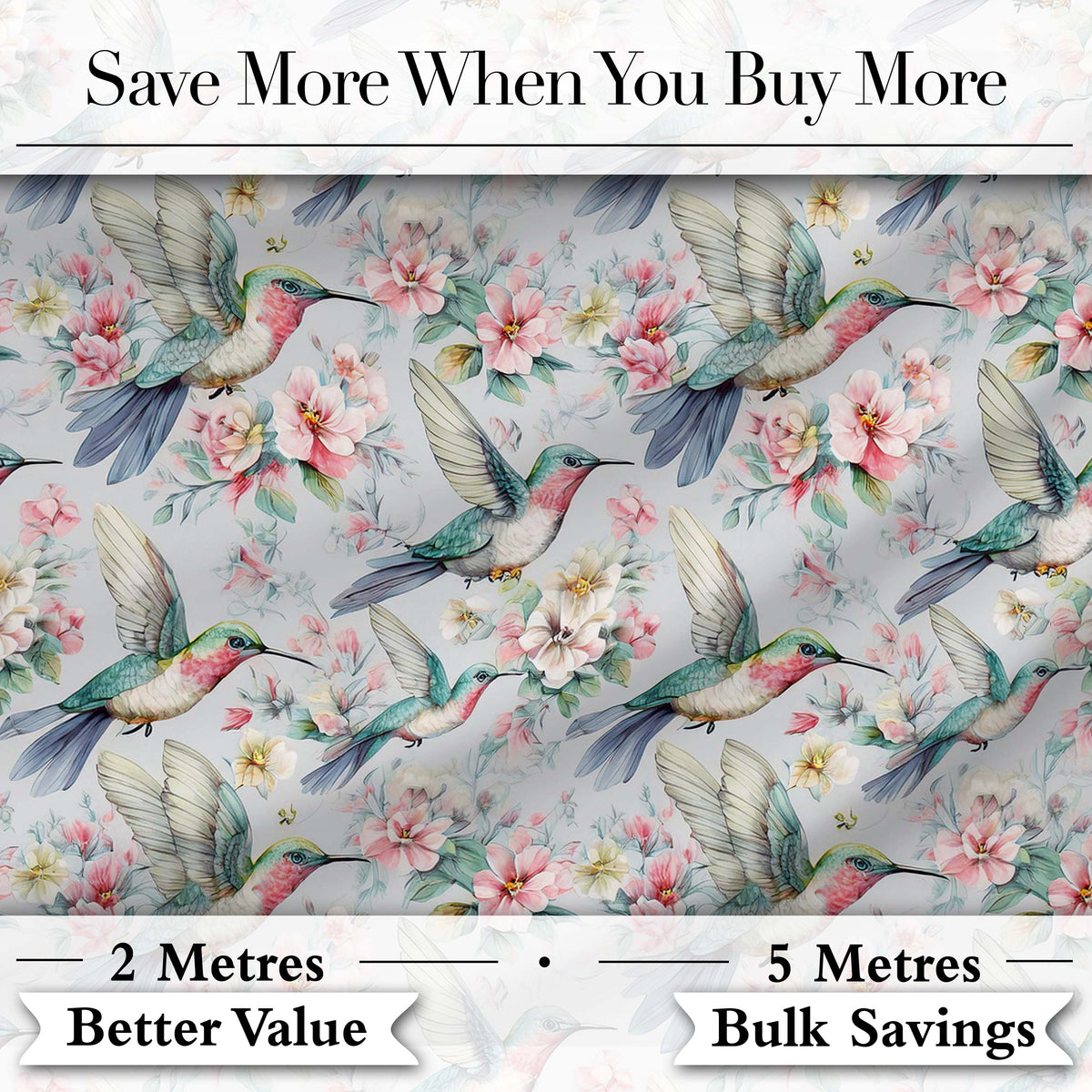 Soft Hummingbird with Blossom Floral Garden Seamless Pattern Digital Print Fabric by the Metre UK Sewing Quilting Textile