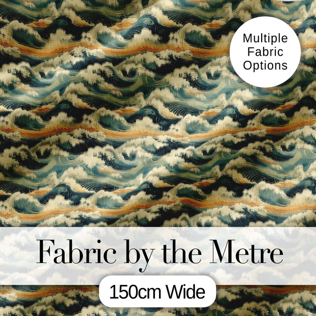 Vintage Ocean Waves Japanese Style Seamless Pattern Digital Print Fabric by the Metre UK Sewing Quilting Textile