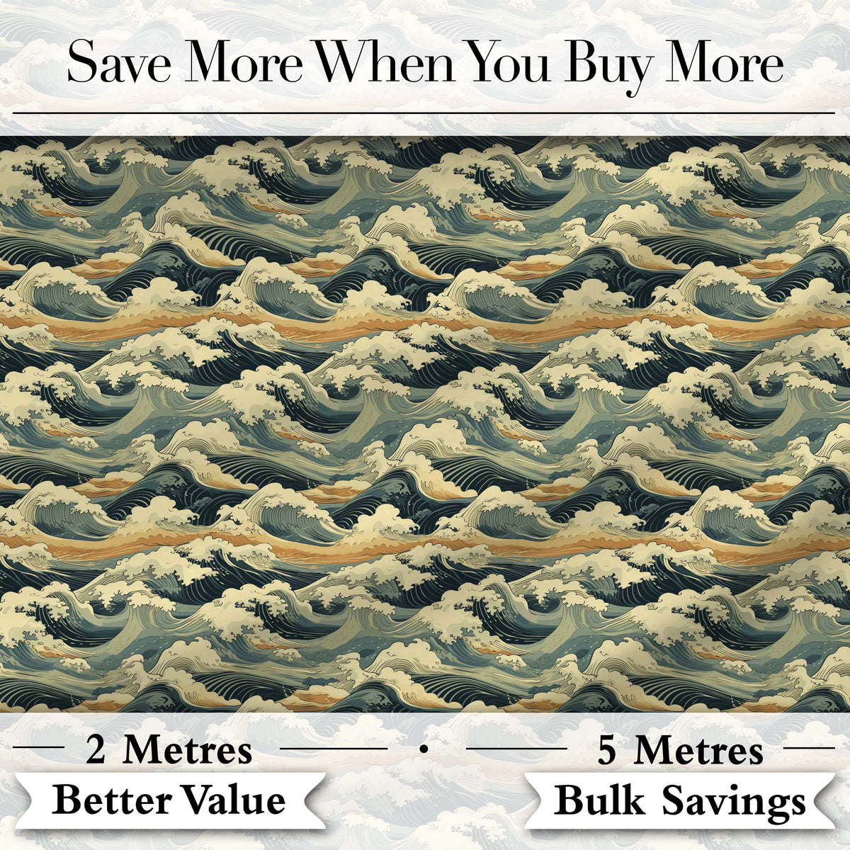 Vintage Ocean Waves Japanese Style Seamless Pattern Digital Print Fabric by the Metre UK Sewing Quilting Textile