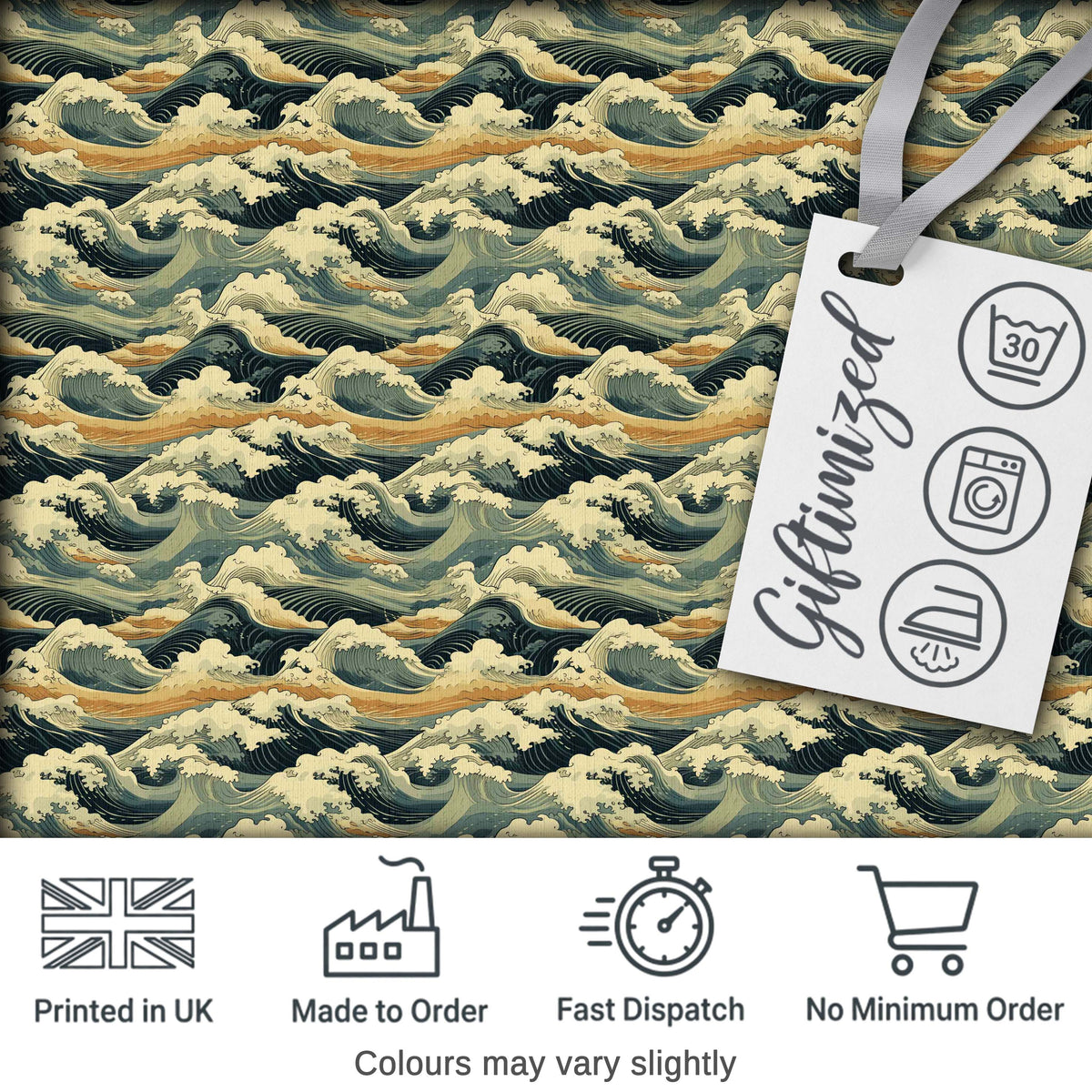 Vintage Ocean Waves Japanese Style Seamless Pattern Digital Print Fabric by the Metre UK Sewing Quilting Textile