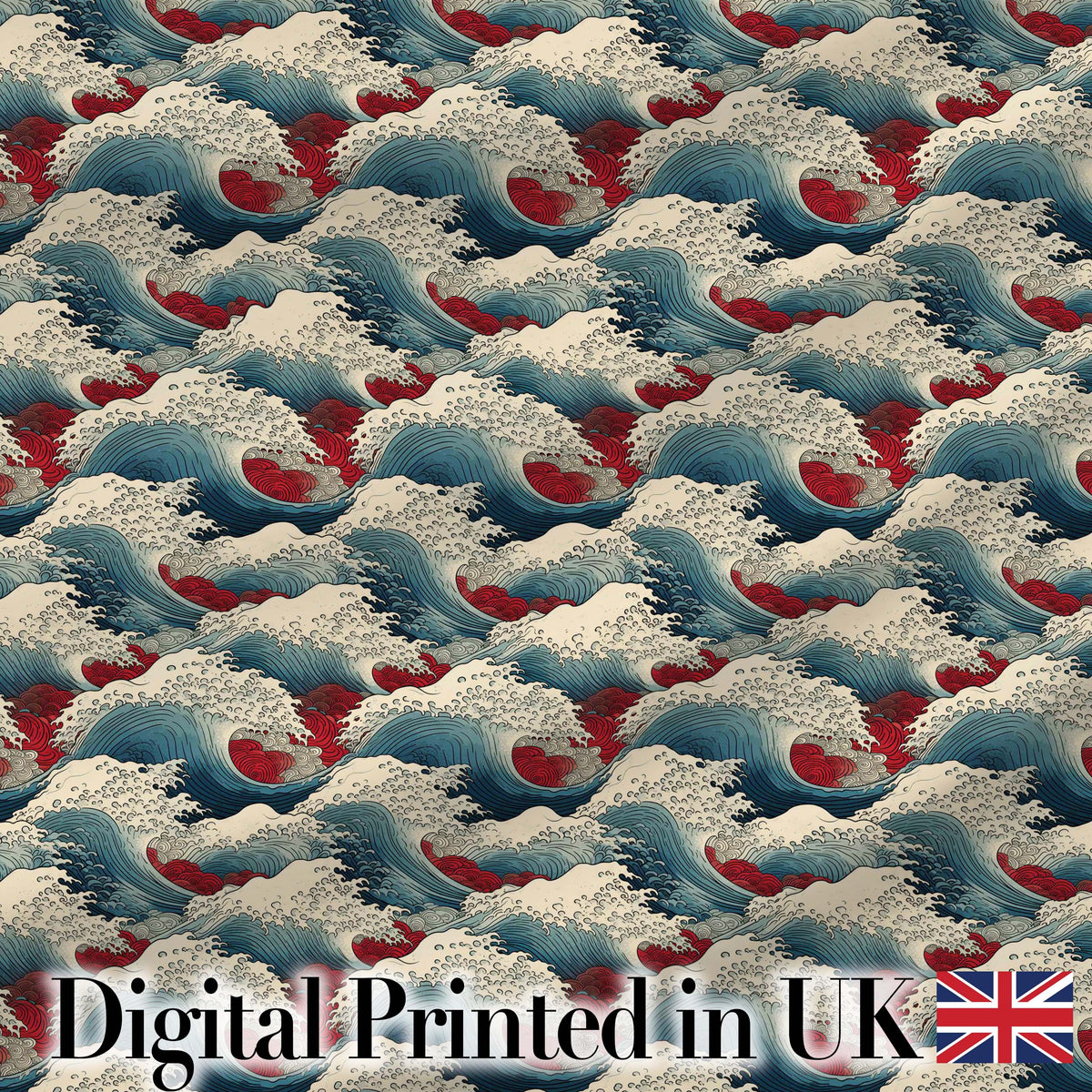 Japanese Ocean Waves with Red Accents Seamless Pattern Digital Print Fabric by the Metre UK Sewing Quilting Textile