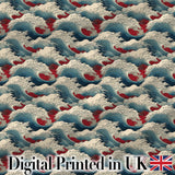 Japanese Ocean Waves with Red Accents Seamless Pattern Digital Print Fabric by the Metre UK Sewing Quilting Textile
