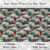 Japanese Ocean Waves with Red Accents Seamless Pattern Digital Print Fabric by the Metre UK Sewing Quilting Textile