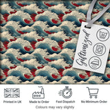 Japanese Ocean Waves with Red Accents Seamless Pattern Digital Print Fabric by the Metre UK Sewing Quilting Textile