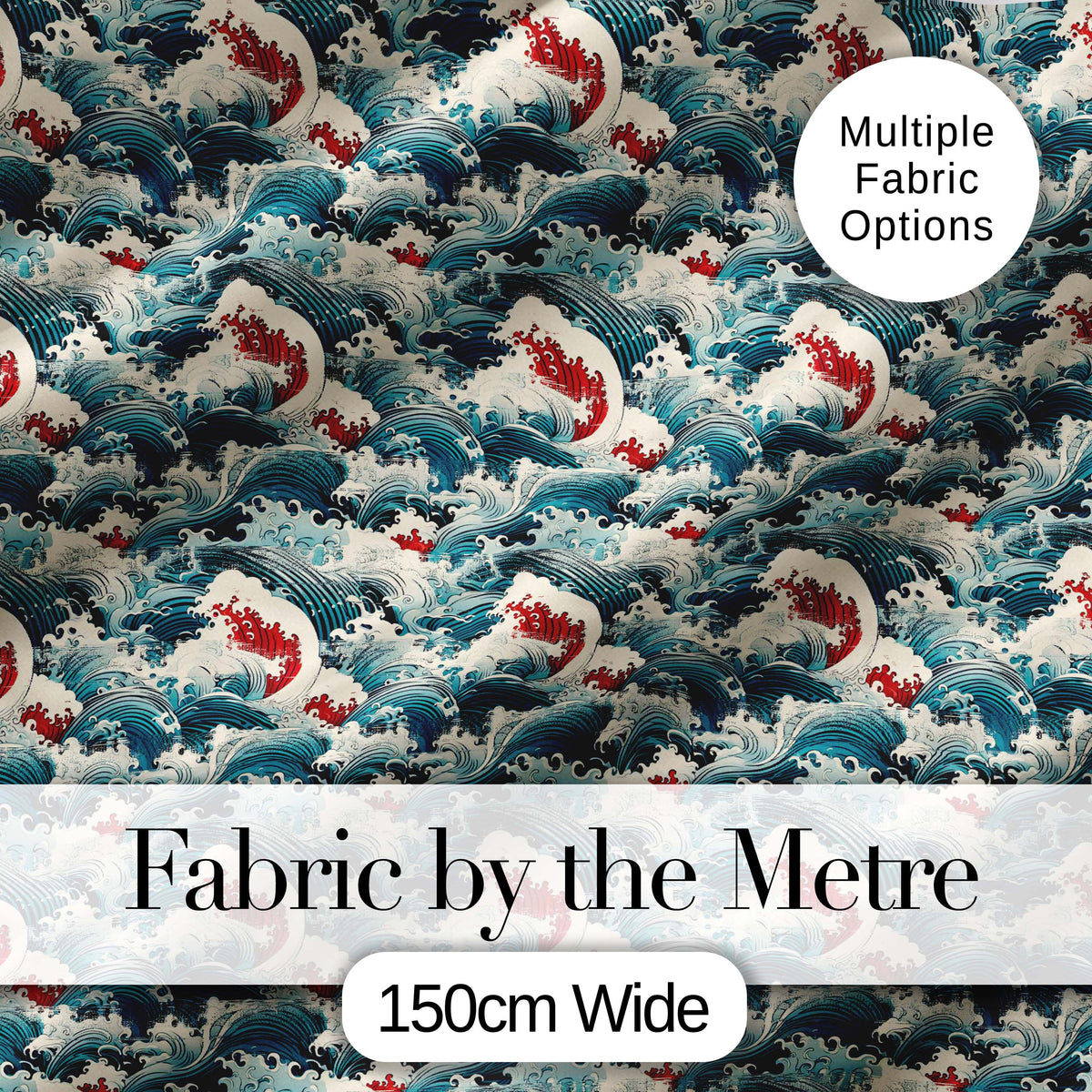 Traditional Japanese Wave Art with Red Details Seamless Pattern Digital Print Fabric by the Metre UK Sewing Quilting Textile