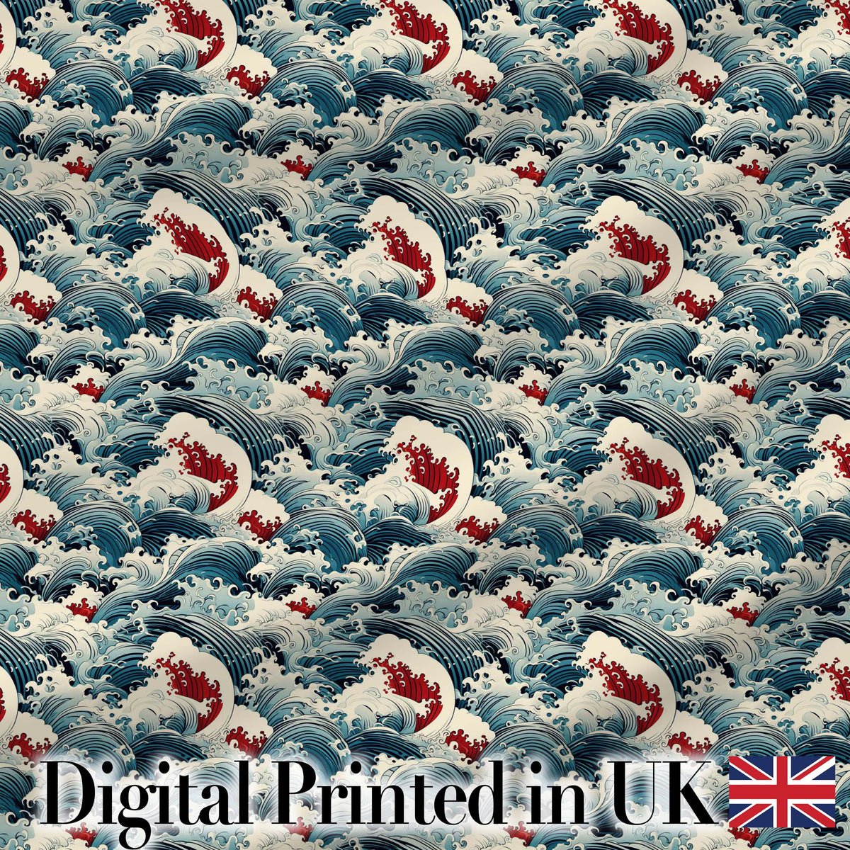 Traditional Japanese Wave Art with Red Details Seamless Pattern Digital Print Fabric by the Metre UK Sewing Quilting Textile
