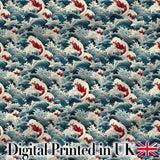 Traditional Japanese Wave Art with Red Details Seamless Pattern Digital Print Fabric by the Metre UK Sewing Quilting Textile