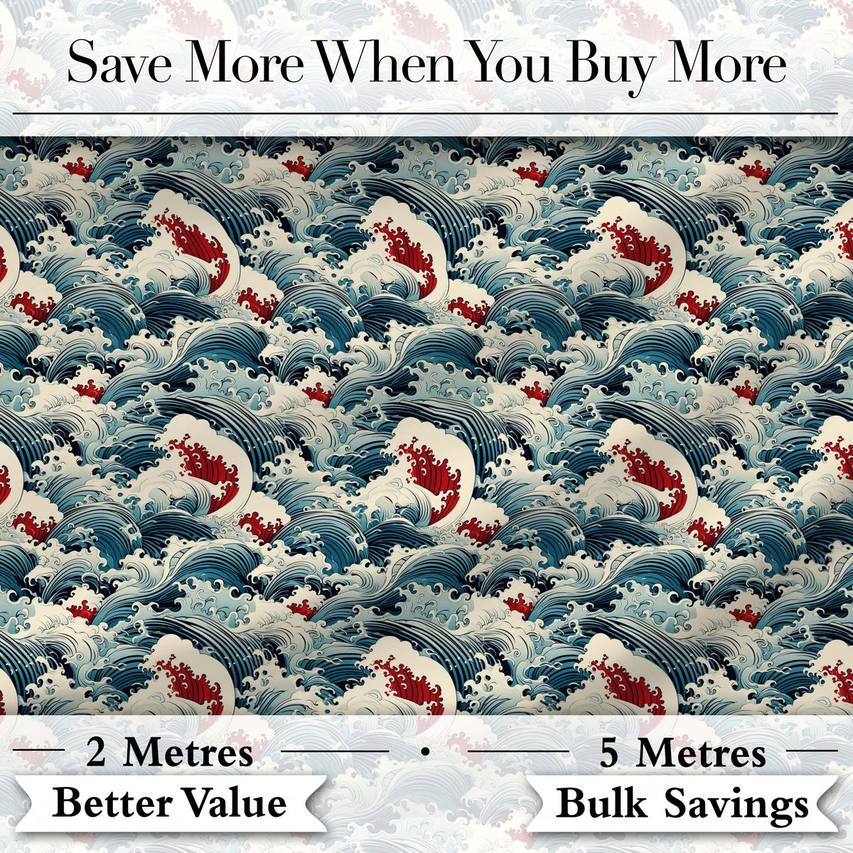 Traditional Japanese Wave Art with Red Details Seamless Pattern Digital Print Fabric by the Metre UK Sewing Quilting Textile