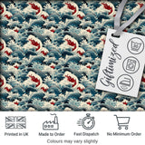 Traditional Japanese Wave Art with Red Details Seamless Pattern Digital Print Fabric by the Metre UK Sewing Quilting Textile