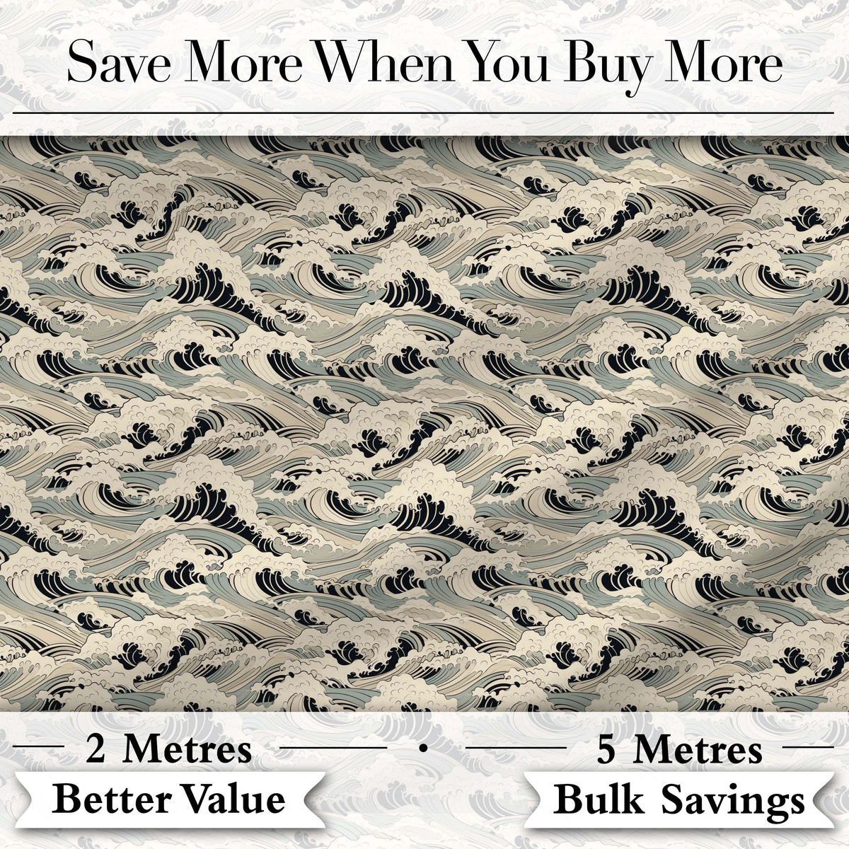 Vintage Neutral Japanese Wave Pattern Seamless Design Digital Print Fabric by the Metre UK Sewing Quilting Textile