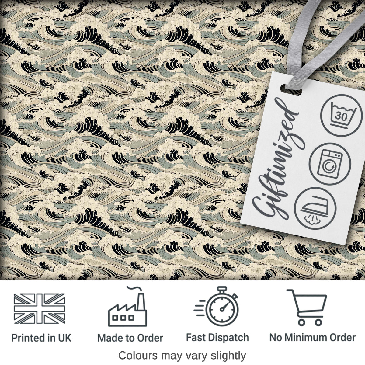 Vintage Neutral Japanese Wave Pattern Seamless Design Digital Print Fabric by the Metre UK Sewing Quilting Textile