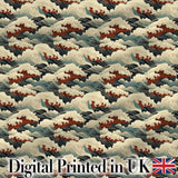Dark Navy and Cream Japanese Waves Seamless Pattern Digital Print Fabric by the Metre UK Sewing Quilting Textile