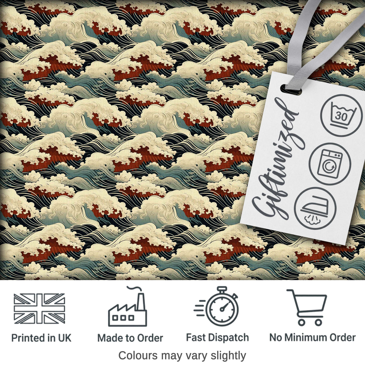 Dark Navy and Cream Japanese Waves Seamless Pattern Digital Print Fabric by the Metre UK Sewing Quilting Textile