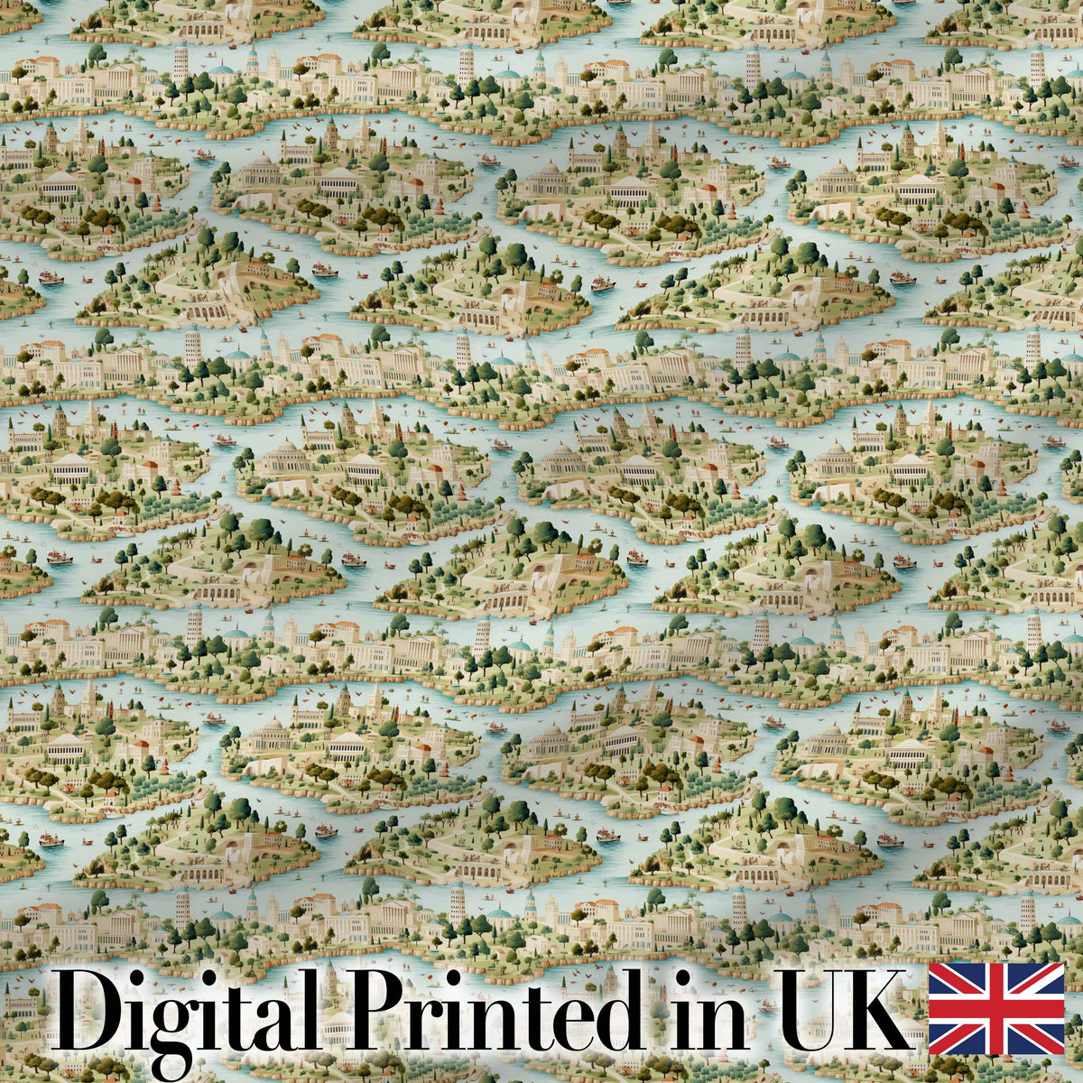 Mediterranean Coastal Town Scenic Seamless Pattern Digital Print Fabric by the Metre UK Sewing Quilting Textile