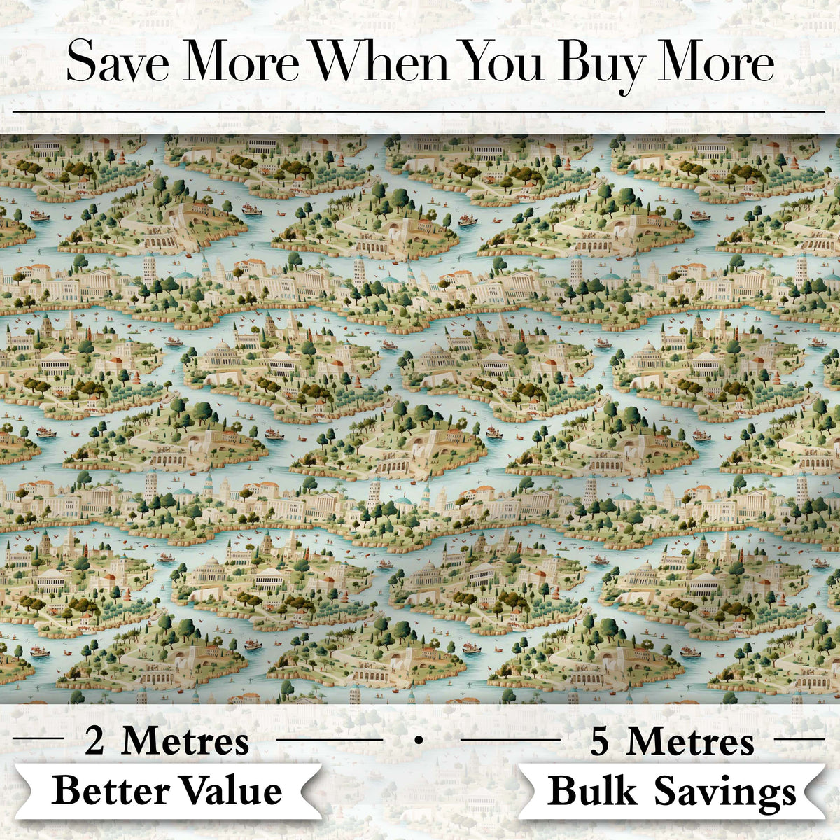 Mediterranean Coastal Town Scenic Seamless Pattern Digital Print Fabric by the Metre UK Sewing Quilting Textile