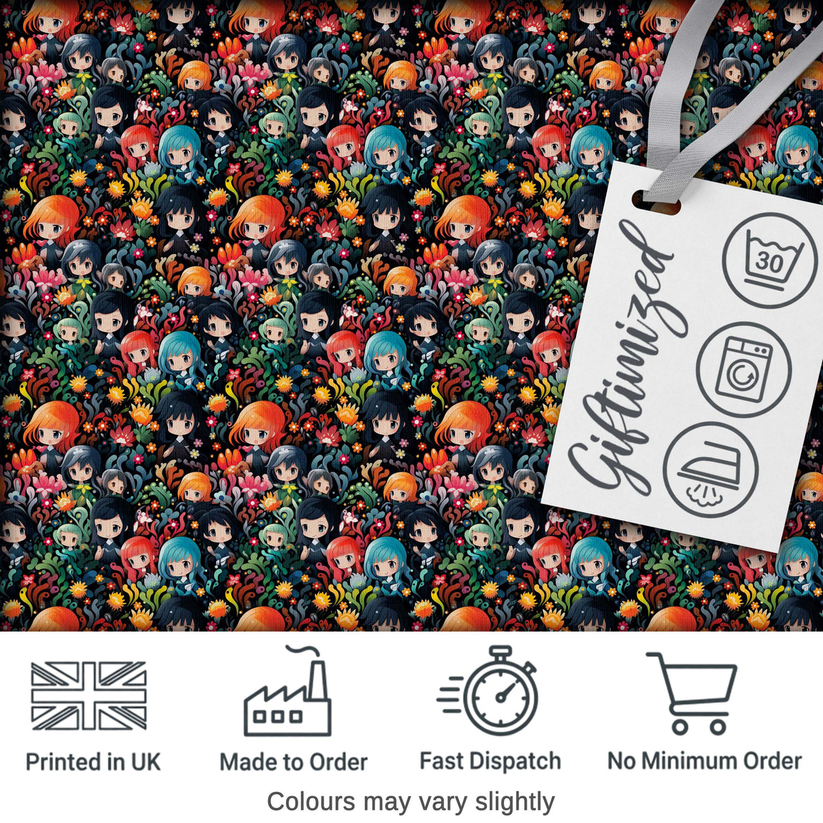 Colorful Anime Girls with Floral Garden Seamless Pattern Digital Print Fabric by the Metre UK Sewing Quilting Textile