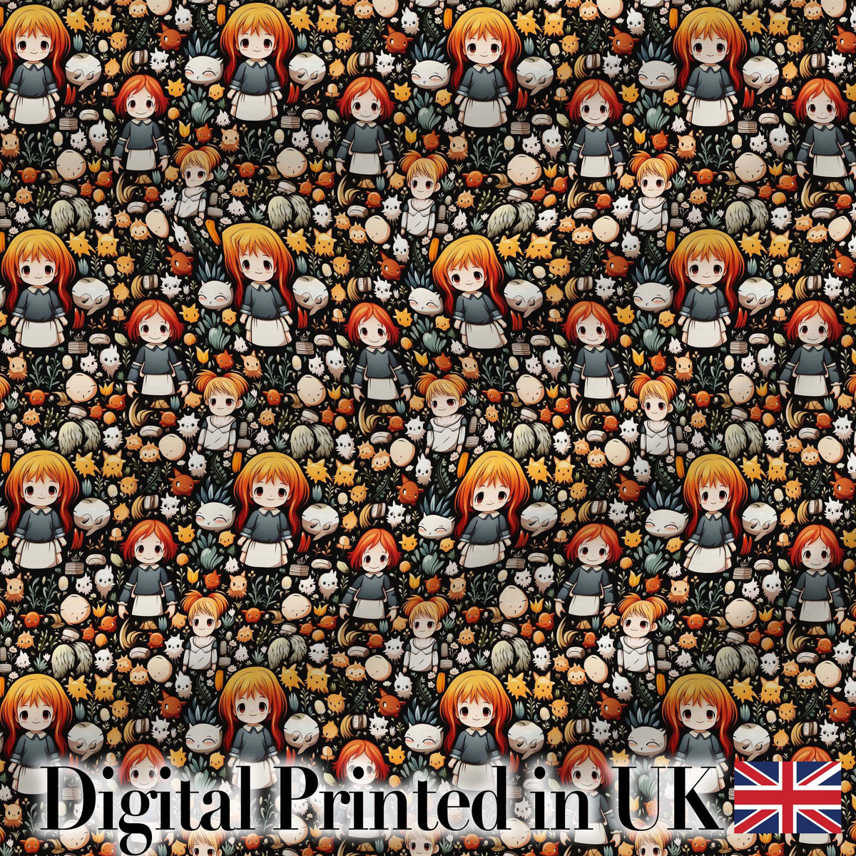 Chibi Orange Haired Girl Forest Animal Seamless Pattern Art Digital Print Fabric by the Metre UK Sewing Quilting Textile