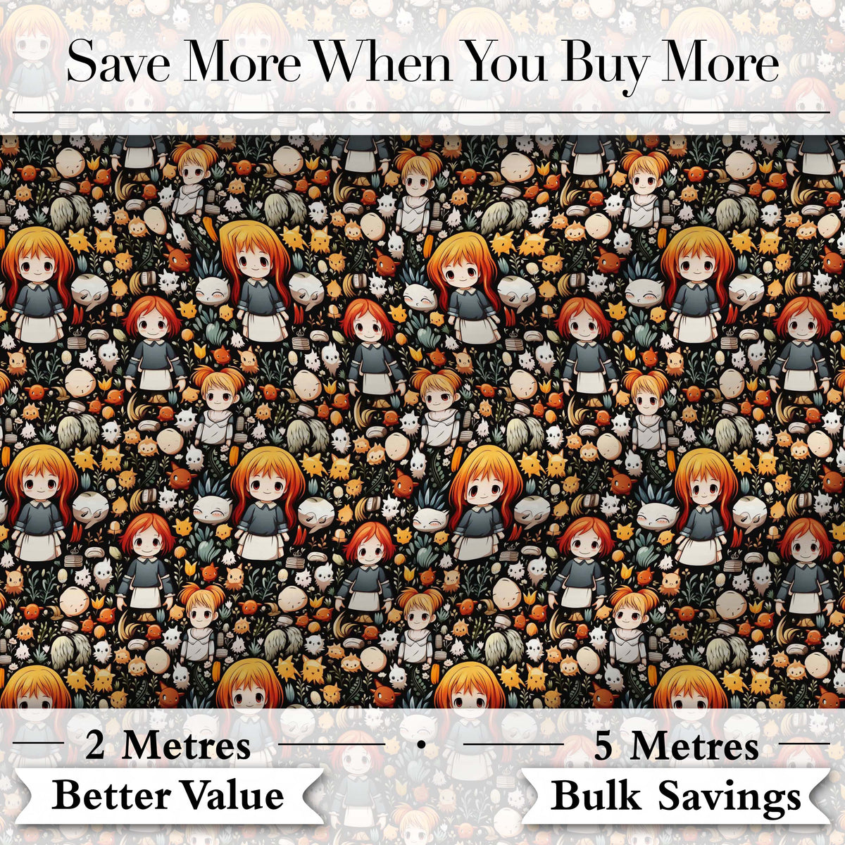 Chibi Orange Haired Girl Forest Animal Seamless Pattern Art Digital Print Fabric by the Metre UK Sewing Quilting Textile