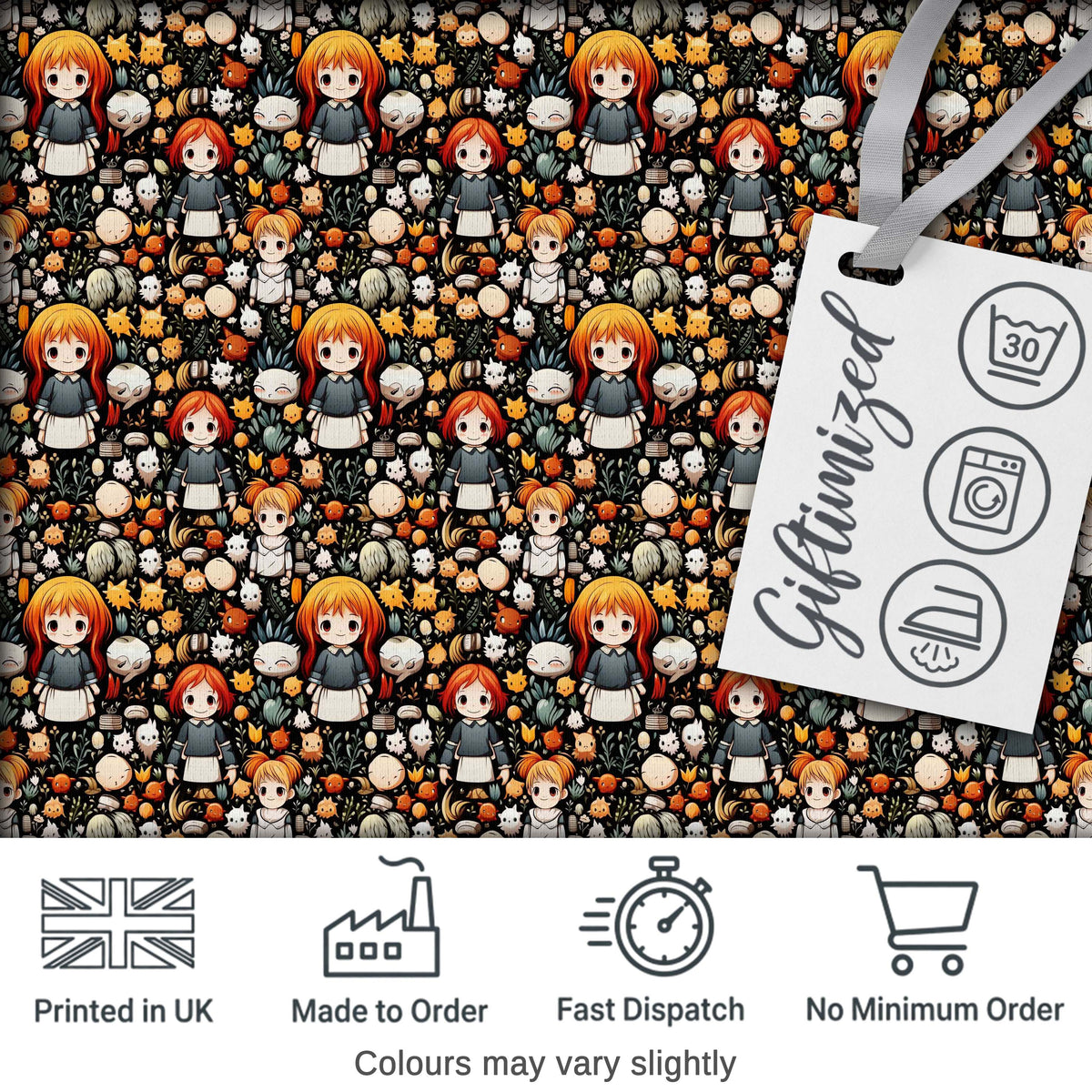Chibi Orange Haired Girl Forest Animal Seamless Pattern Art Digital Print Fabric by the Metre UK Sewing Quilting Textile