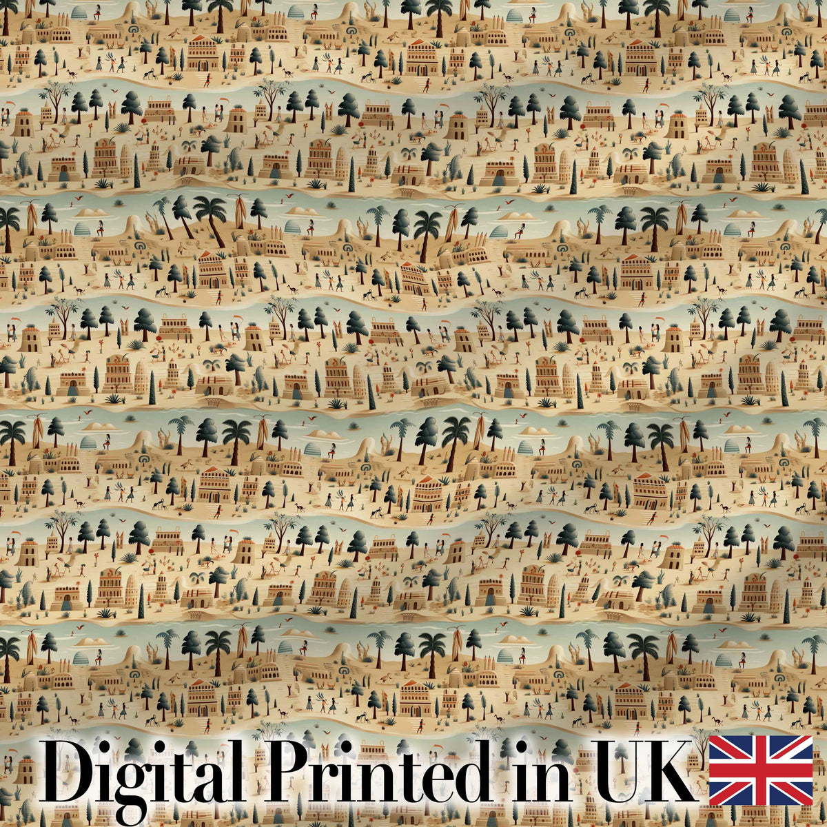 Ancient Desert Village Scenic Landscape Seamless Pattern Art Digital Print Fabric by the Metre UK Sewing Quilting Textile