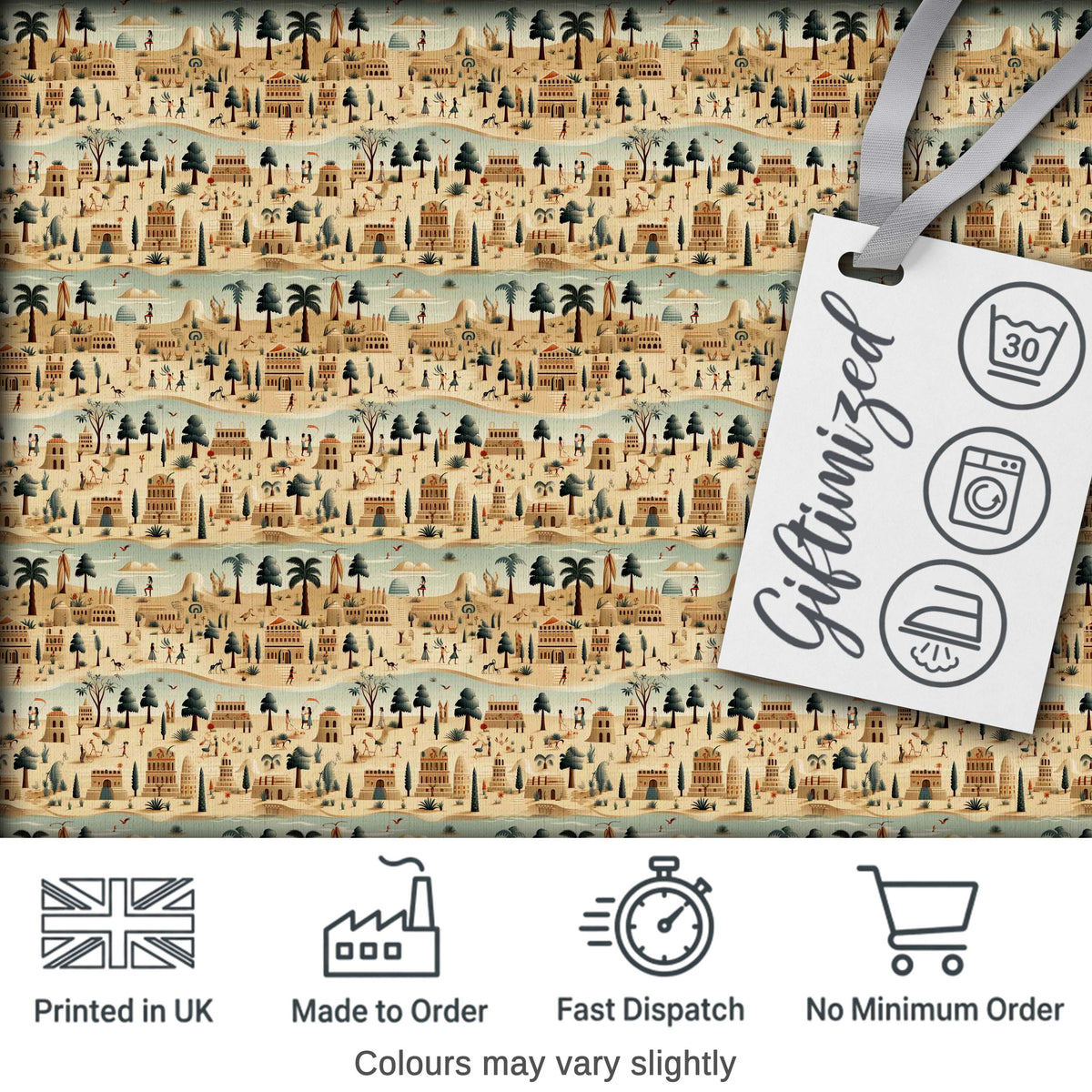 Ancient Desert Village Scenic Landscape Seamless Pattern Art Digital Print Fabric by the Metre UK Sewing Quilting Textile