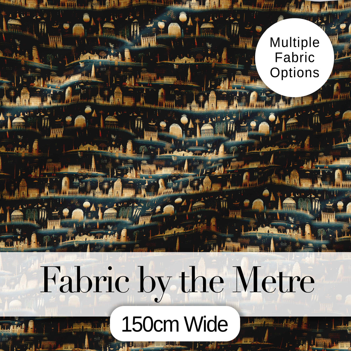 Night City Skyline Illustration Gold Detail Seamless Pattern Art Digital Print Fabric by the Metre UK Sewing Quilting Textile