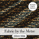 Night City Skyline Illustration Gold Detail Seamless Pattern Art Digital Print Fabric by the Metre UK Sewing Quilting Textile