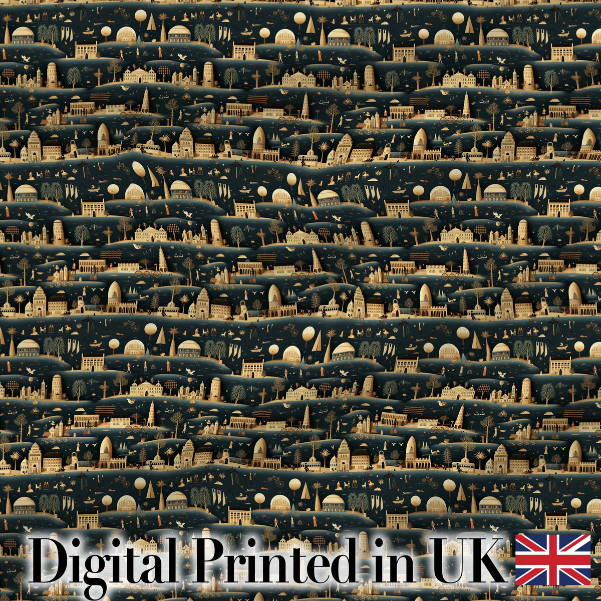 Night City Skyline Illustration Gold Detail Seamless Pattern Art Digital Print Fabric by the Metre UK Sewing Quilting Textile